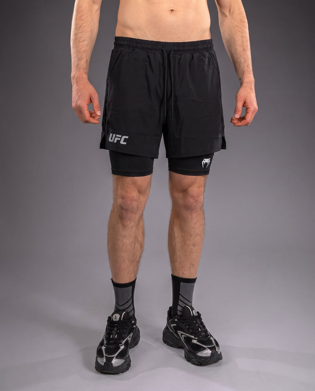 UFC Venum Black 2-in-1 Training Shorts with Inner Tights