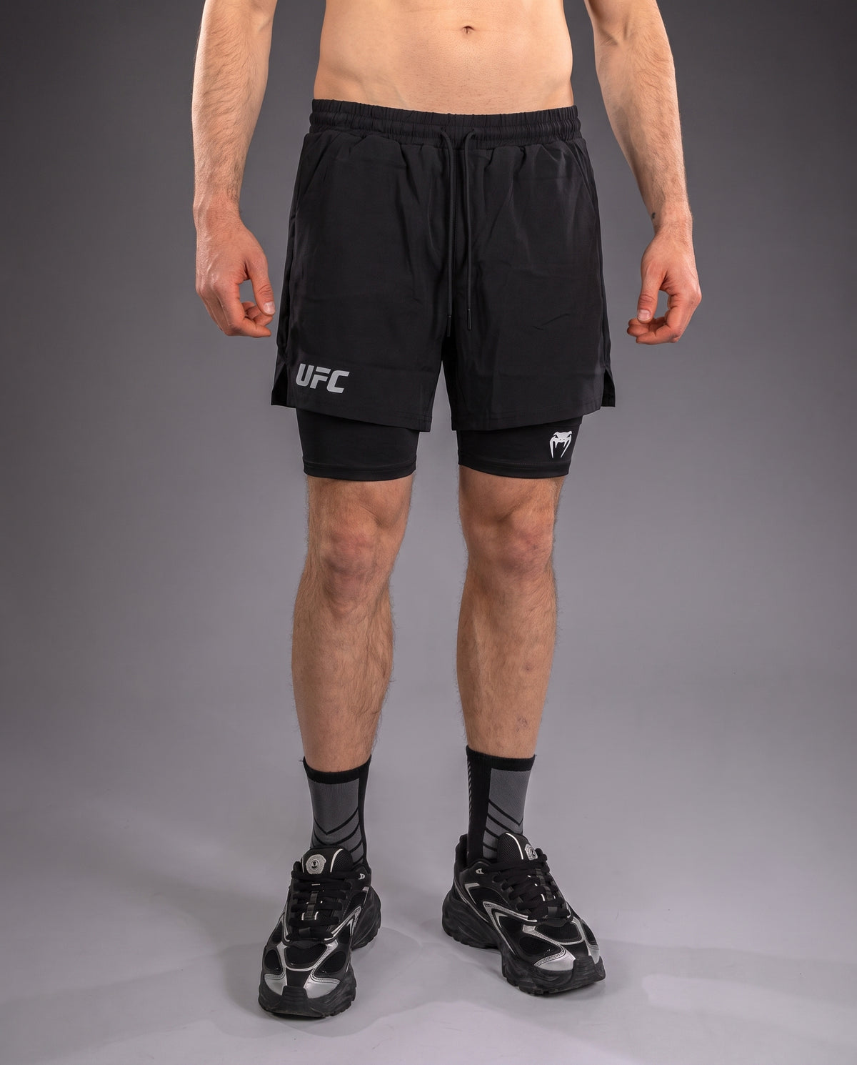 UFC Venum Black 2-in-1 Training Shorts with Inner Tights
