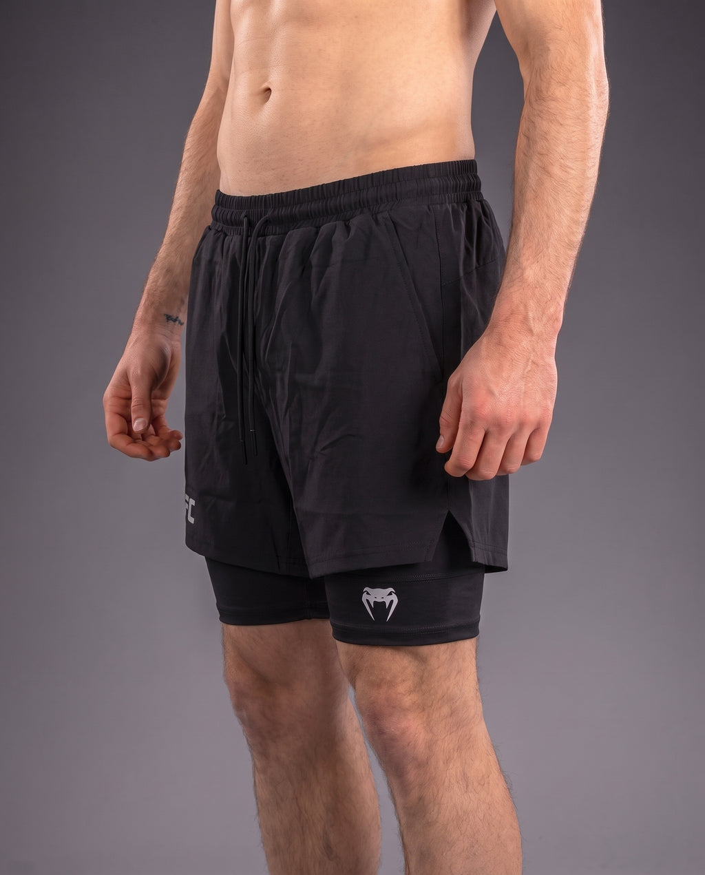UFC Venum Black 2-in-1 Training Shorts with Inner Tights