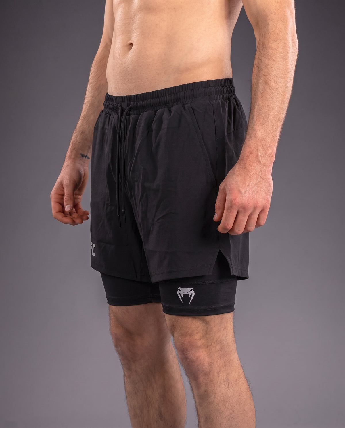 UFC Venum Black 2-in-1 Training Shorts with Inner Tights
