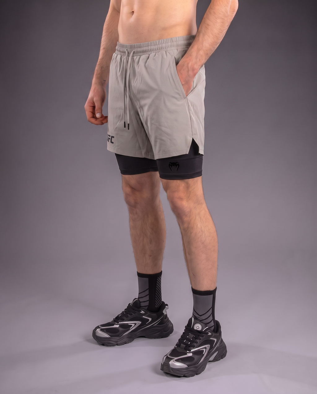 UFC Venum Stone Gray 2-in-1 Training Shorts with Inner Tights