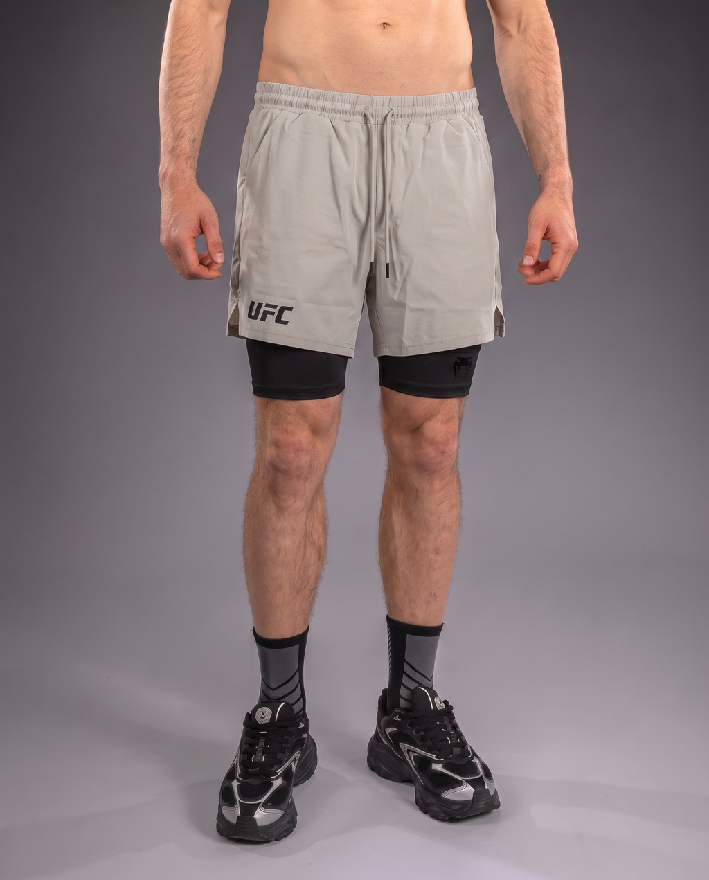 UFC Venum Stone Gray 2-in-1 Training Shorts with Inner Tights