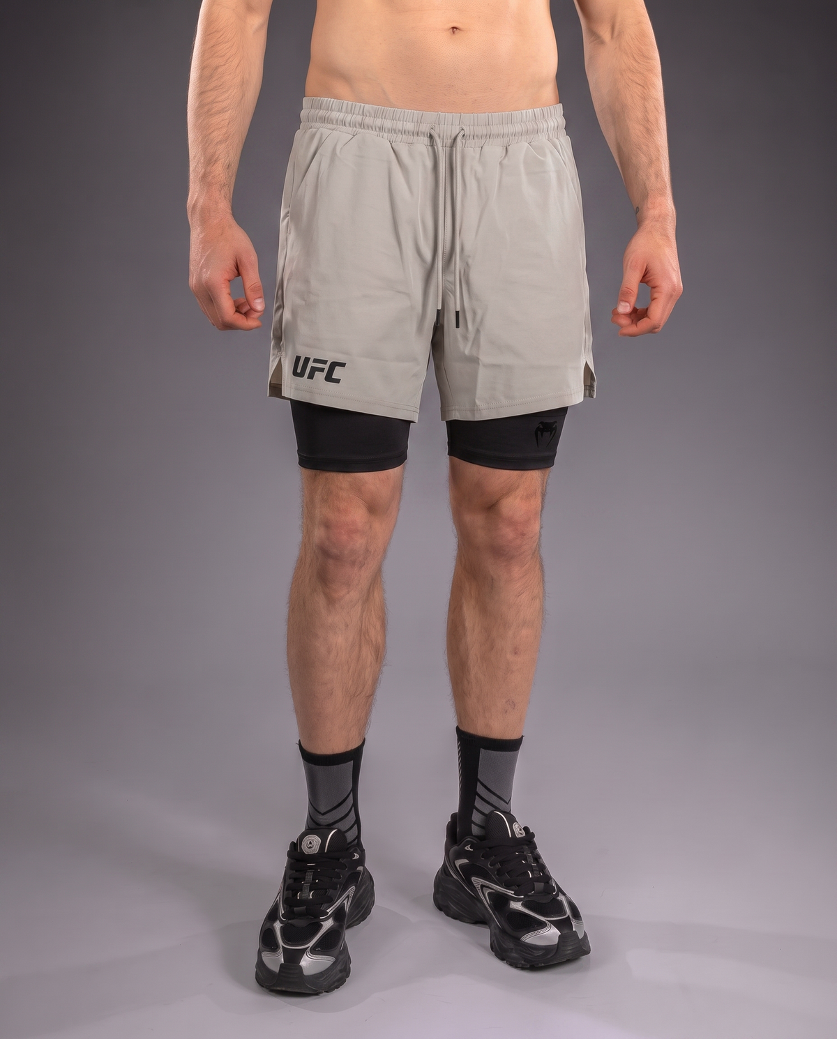 UFC Venum Stone Gray 2-in-1 Training Shorts with Inner Tights