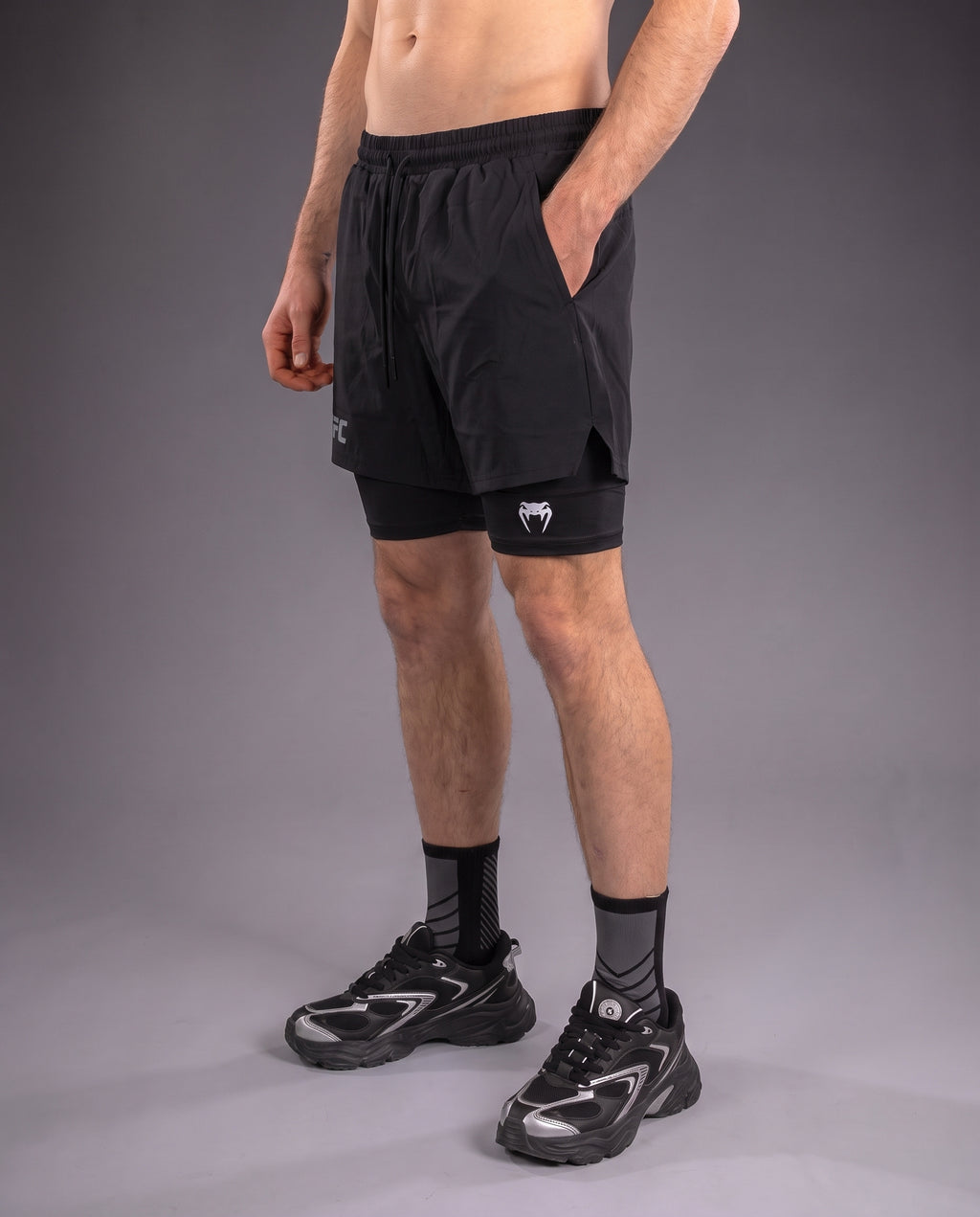 UFC Venum Black 2-in-1 Training Shorts with Inner Tights