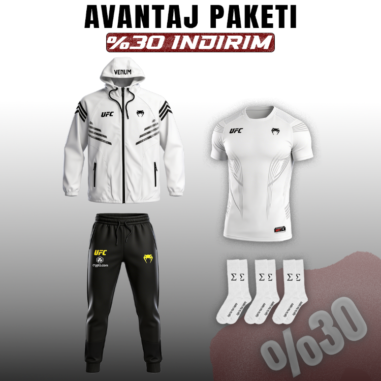 UFC Fight Night Beyaz Dövüş Takımı – Zipper+Forma+Eşofman | Avantaj Paketi